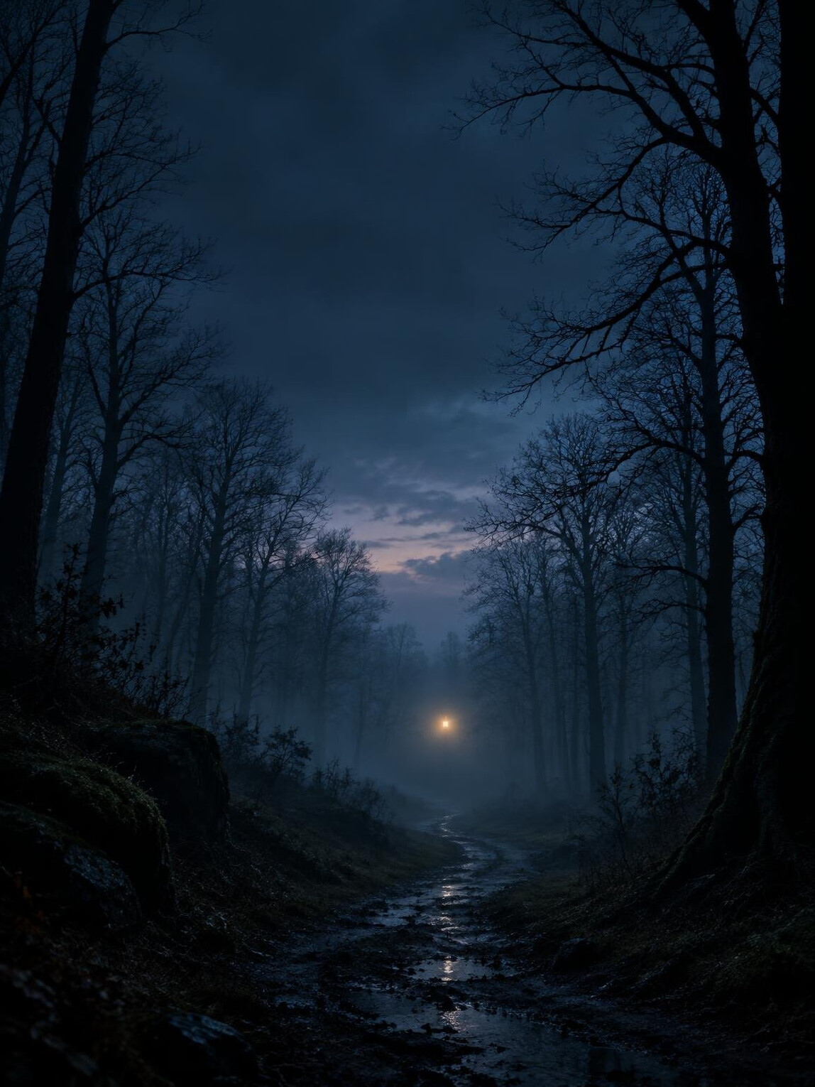 Dark forest path illustration suggesting a mystery novel cover