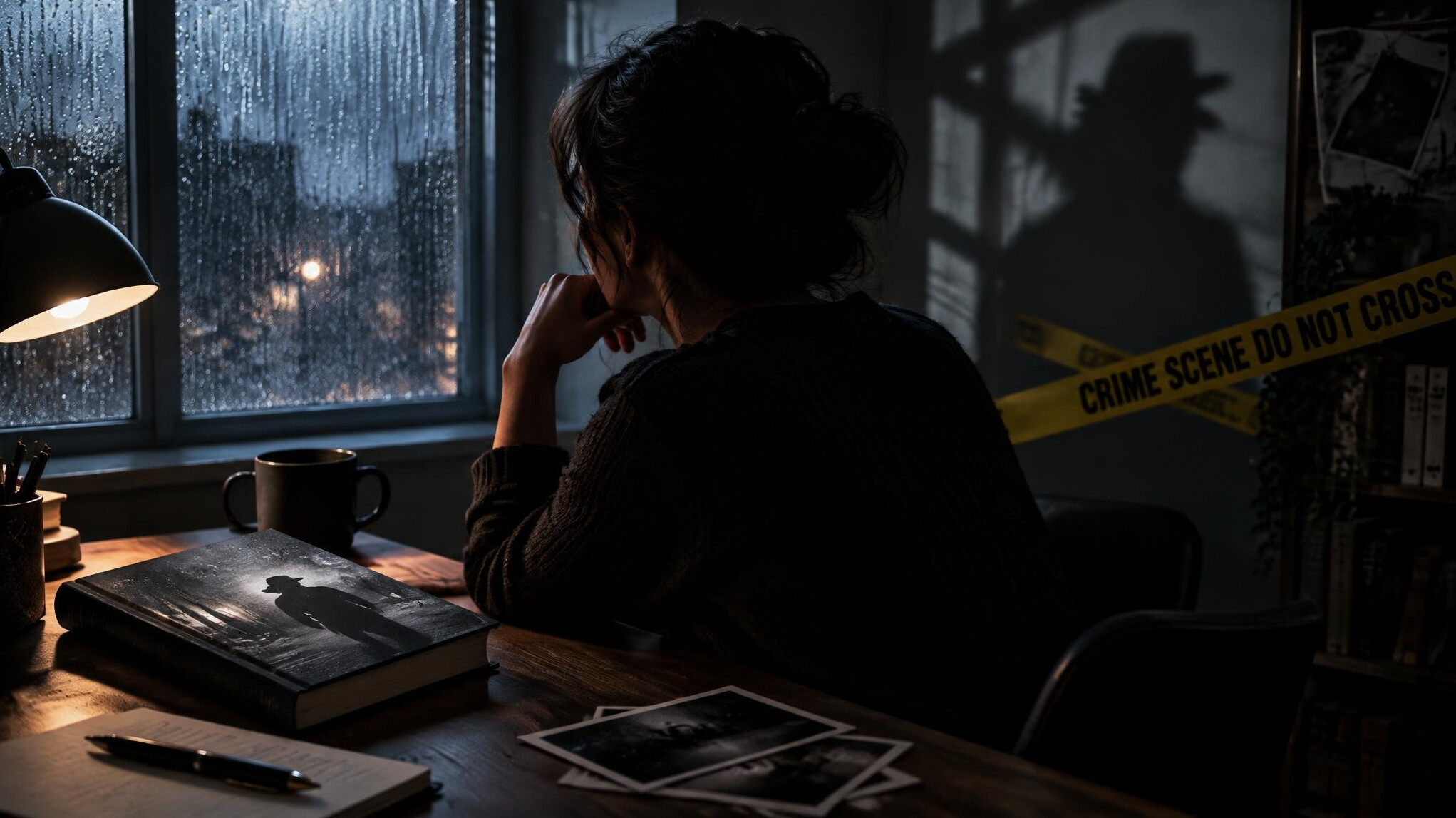 rainy window with mystery book