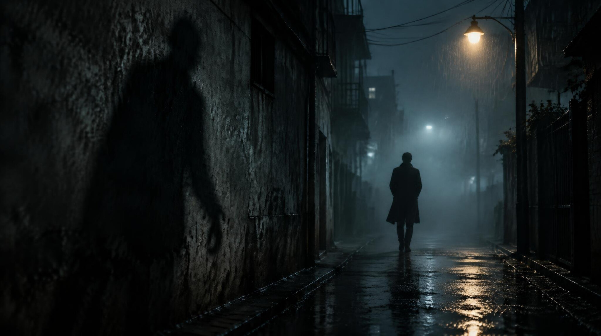 person walking in dark alley