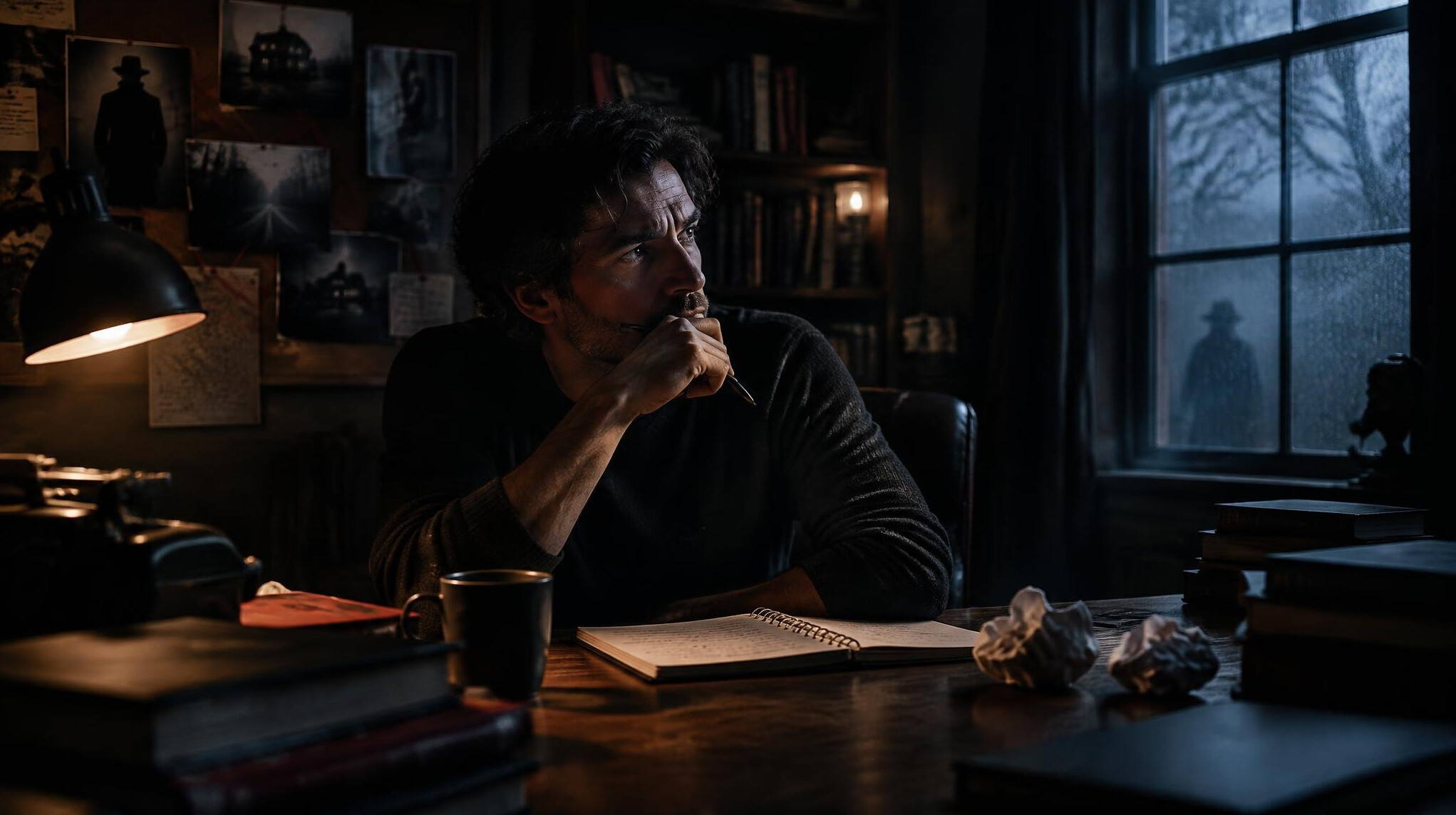mystery writer at desk