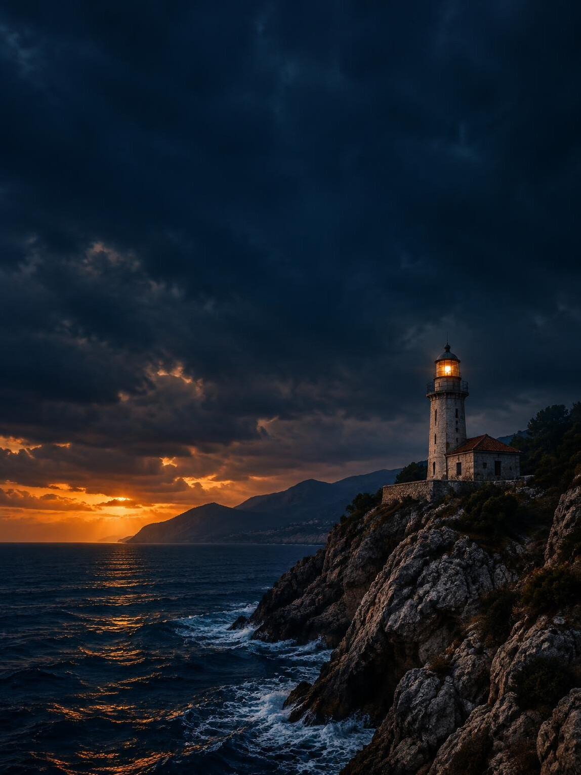 Abandoned lighthouse on a cliff at dusk suggesting a mystery novel cover