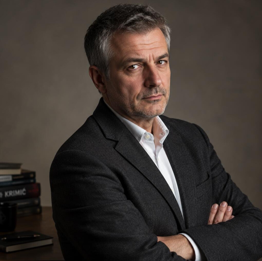 Studio portrait of a middle-aged Croatian male writer in a dark blazer