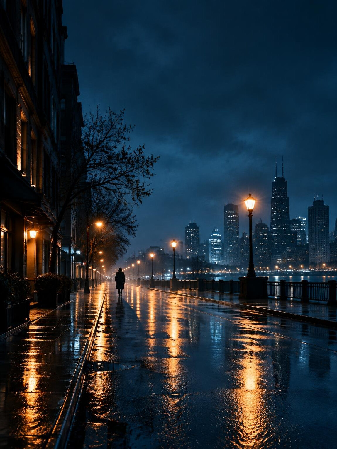 Empty rain-soaked city street at night suggesting a mystery novel cover