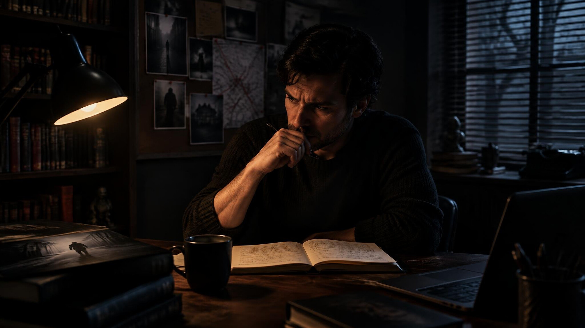 mystery writer at desk