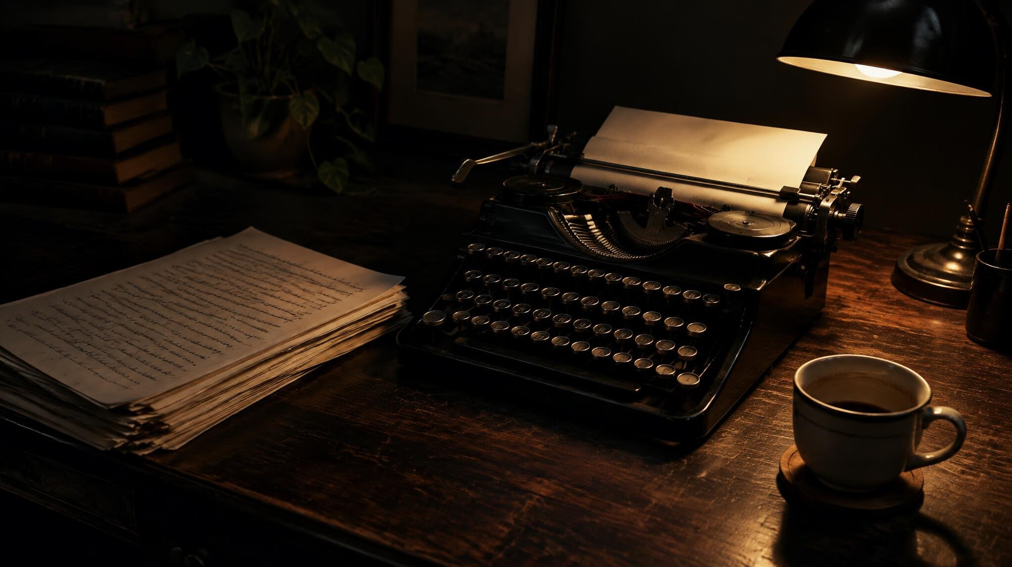 Old typewriter with a stack of manuscript pages on a wooden desk