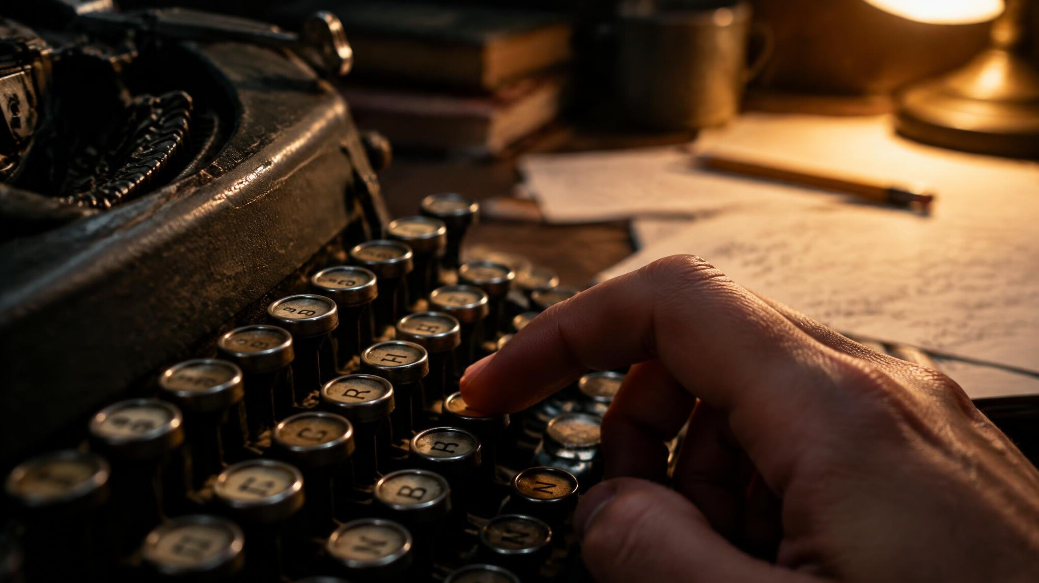 Close-up of typewriter keys with a hand mid-typing