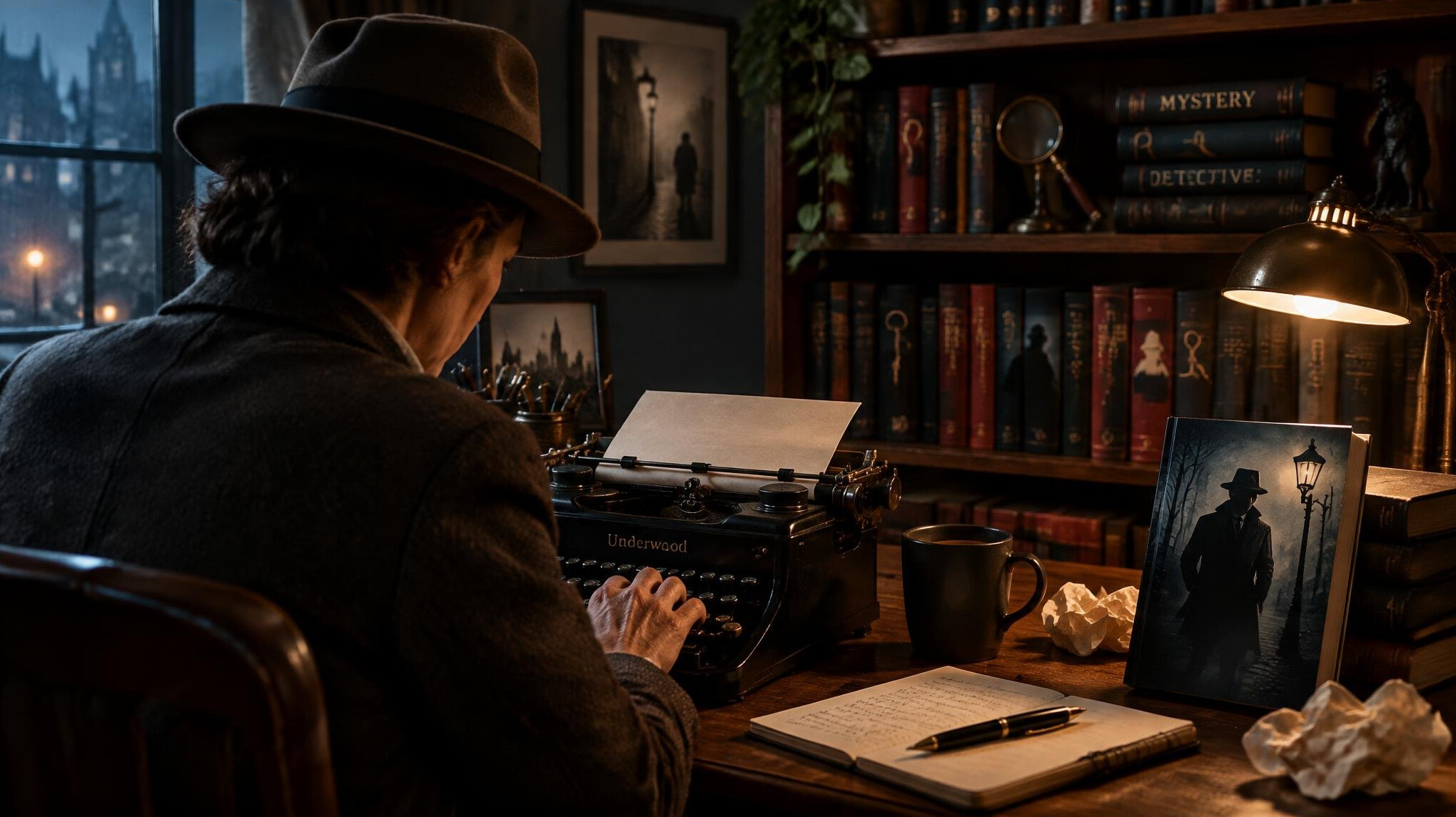mystery writer at desk