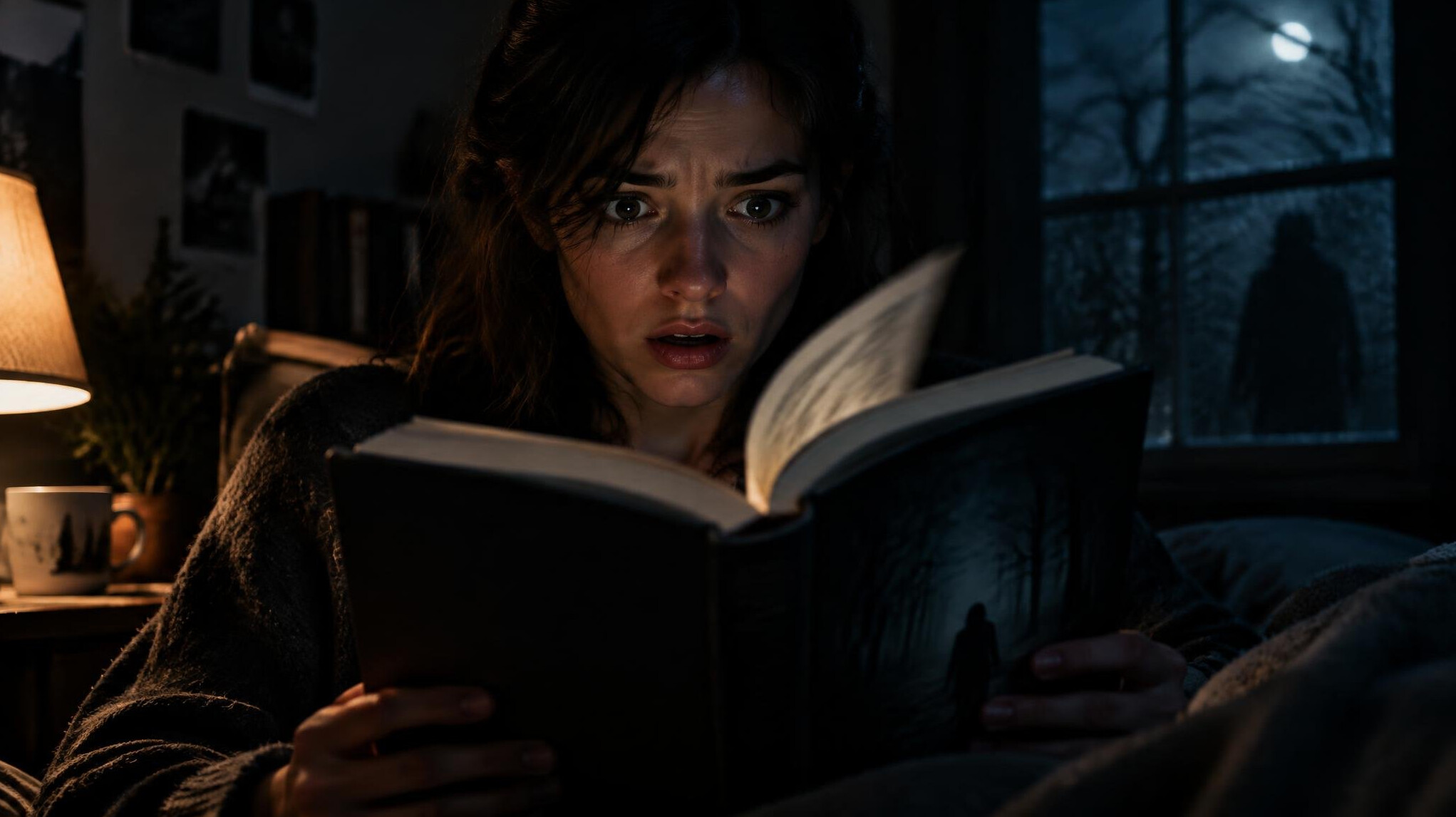 woman reading book at night